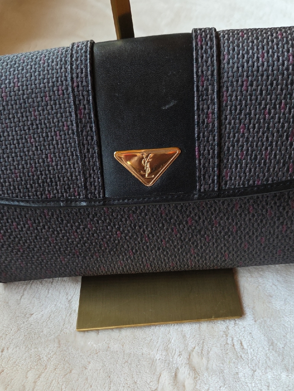 Yves Saint Laurent Navy Textured Shoulder Clutch with Gold YSL Accent - Picture 2 of 6